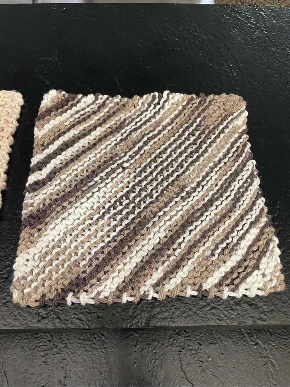 Set of 3 Hand-Knit Cotton Dishcloths - Cream, Brown, Speckled Approx. 7x7